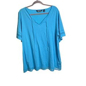 Lands End Women's Aqua Embroidered Trim Short‎ Sleeve Top Size 1X Preppy Coastal
